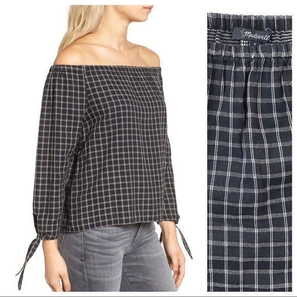 Madewell off-the-shoulder plaid black white swing top shirt blouse small - Picture 1 of 8